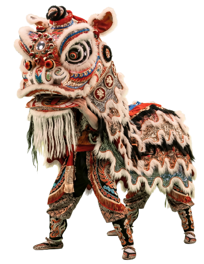 un leon de la danza tradicional china parado con un fondo blanco
